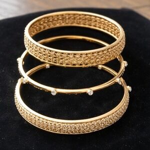 Anne Klein Gold Tone Bangle Bracelet Set 3 Piece Lattice Crystal Accents Round‎